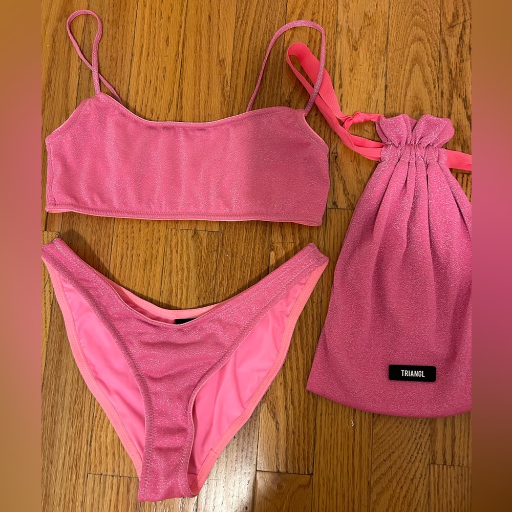 triangl swimwear Pink Shimmer Bikini Set with Drawstring Pouch